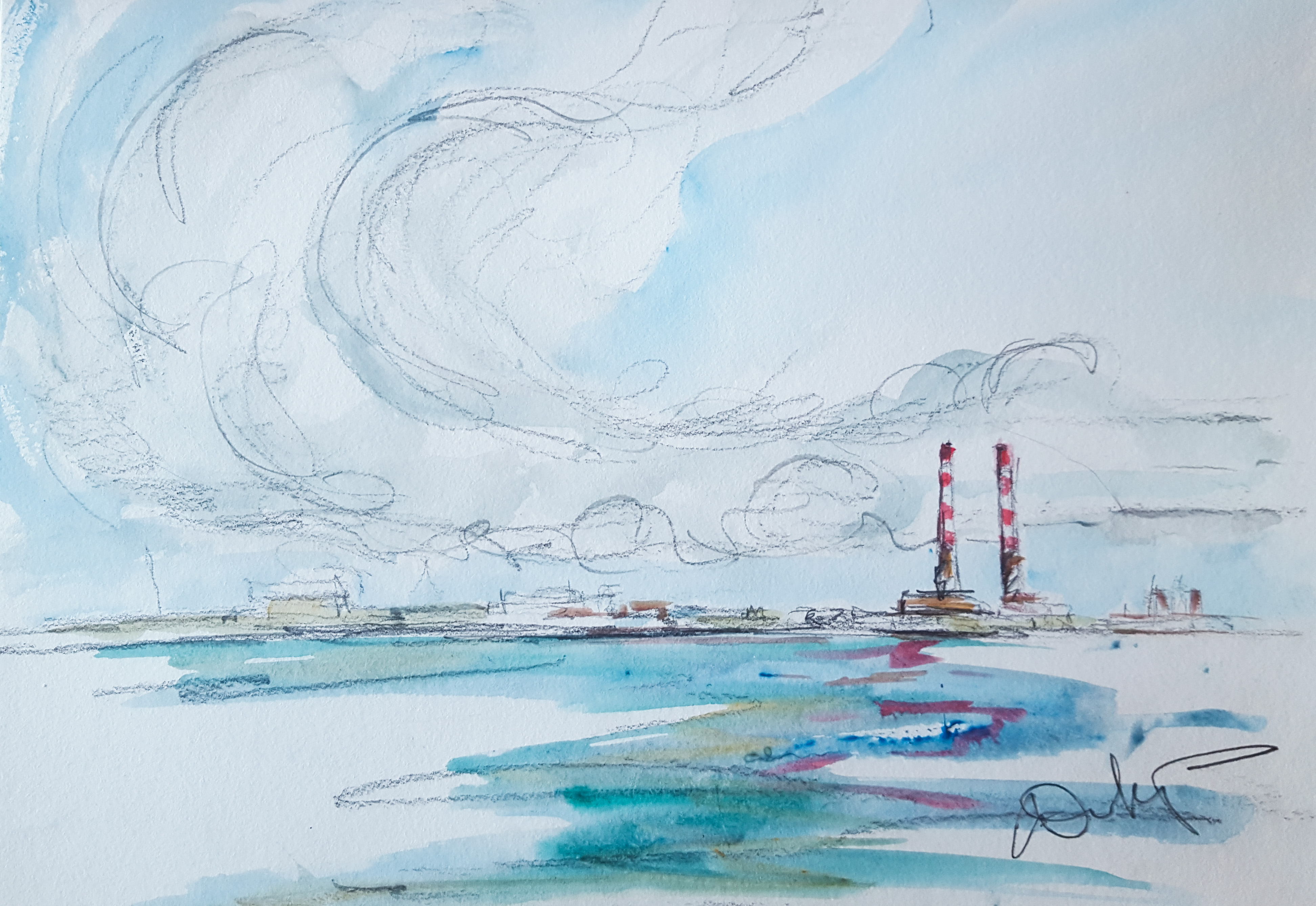 White clouds & blue skies over the Chimneys of Poolbeg